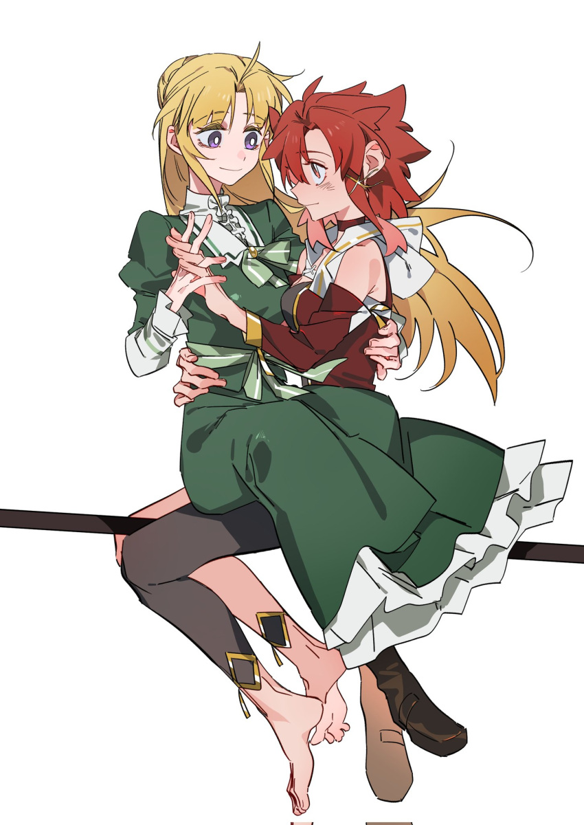 2girls asymmetrical_clothes barefoot blonde_hair bright_pupils broom broom_riding chinese_commentary closed_mouth commentary_request dress green_dress hair_ornament hand_on_another's_back hand_on_another's_waist highres holding_hands interlocked_fingers izetta juliet_sleeves long_sleeves medium_hair molu_stranger multiple_girls off-shoulder_shirt off_shoulder ortfine_fredericka_von_eylstadt puffy_sleeves purple_eyes red_eyes red_hair red_shirt shirt shuumatsu_no_izetta simple_background single_pantsleg sitting sitting_on_lap sitting_on_person smile white_background white_pupils x_hair_ornament yuri