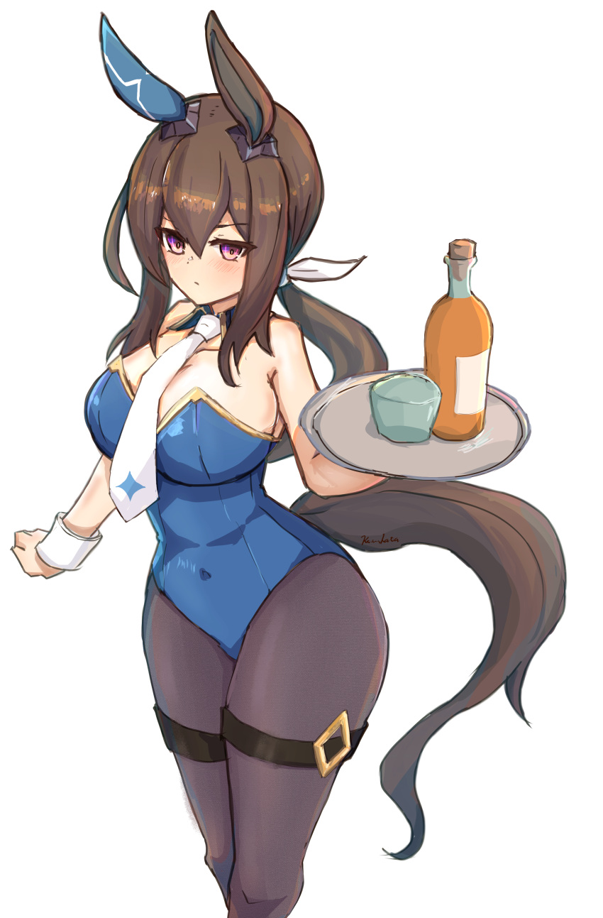 1girl absurdres admire_vega_(umamusume) alternate_costume animal_ears black_pantyhose blue_leotard bow breasts brown_hair cleavage closed_mouth commentary_request cork detached_collar ear_covers feet_out_of_frame glass glass_bottle hair_between_eyes highres holding holding_tray horse_ears horse_girl horse_tail large_breasts leotard looking_at_viewer necktie nontraditional_playboy_bunny pantyhose purple_eyes simple_background single_ear_cover solo taikihori tail thigh_strap tray umamusume white_background white_bow white_necktie wrist_cuffs