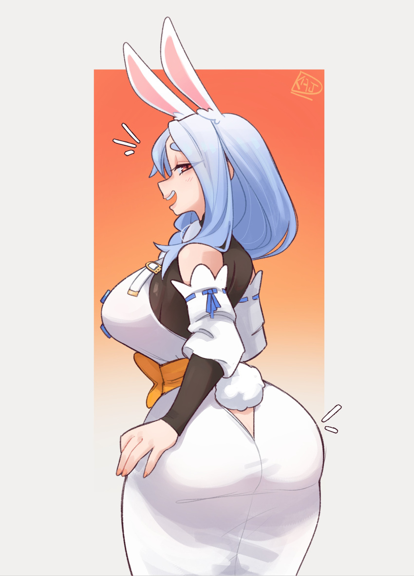 1girl absurdres animal_ear_fluff animal_ears ass ass_focus blue_hair blush braid breasts dkajart from_behind highres hololive huge_ass large_breasts long_hair looking_at_viewer looking_back mature_female pekomama rabbit_ears rabbit_girl red_eyes short_eyebrows smile thick_eyebrows virtual_youtuber