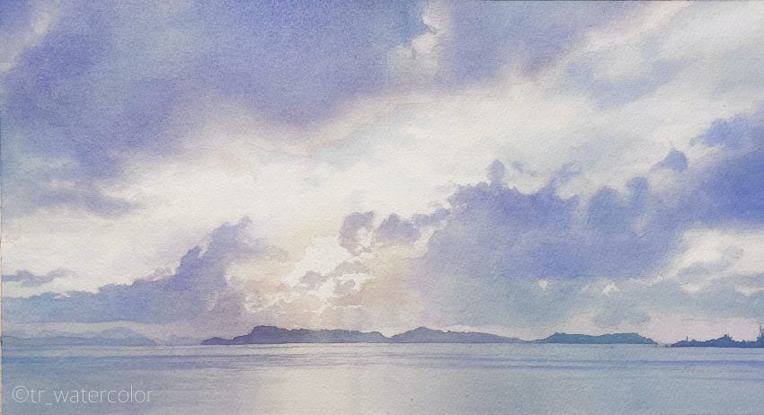 cloud cloudy_sky highres horizon marine_day mountain mountainous_horizon no_humans ocean original painting_(medium) scenery sky sky_focus toyonaga_ryouhei traditional_media water