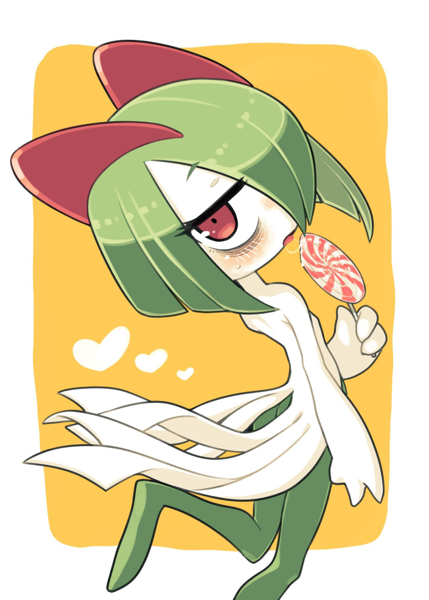 bags_under_eyes candy colored_skin food green_hair hair_over_one_eye heart highres holding holding_candy holding_food holding_lollipop horns ino_(tellu0120) kirlia lollipop looking_at_viewer looking_back multicolored_skin orange_background pink_eyes pokemon pokemon_(creature) saliva sidelocks simple_background two-tone_skin white_skin