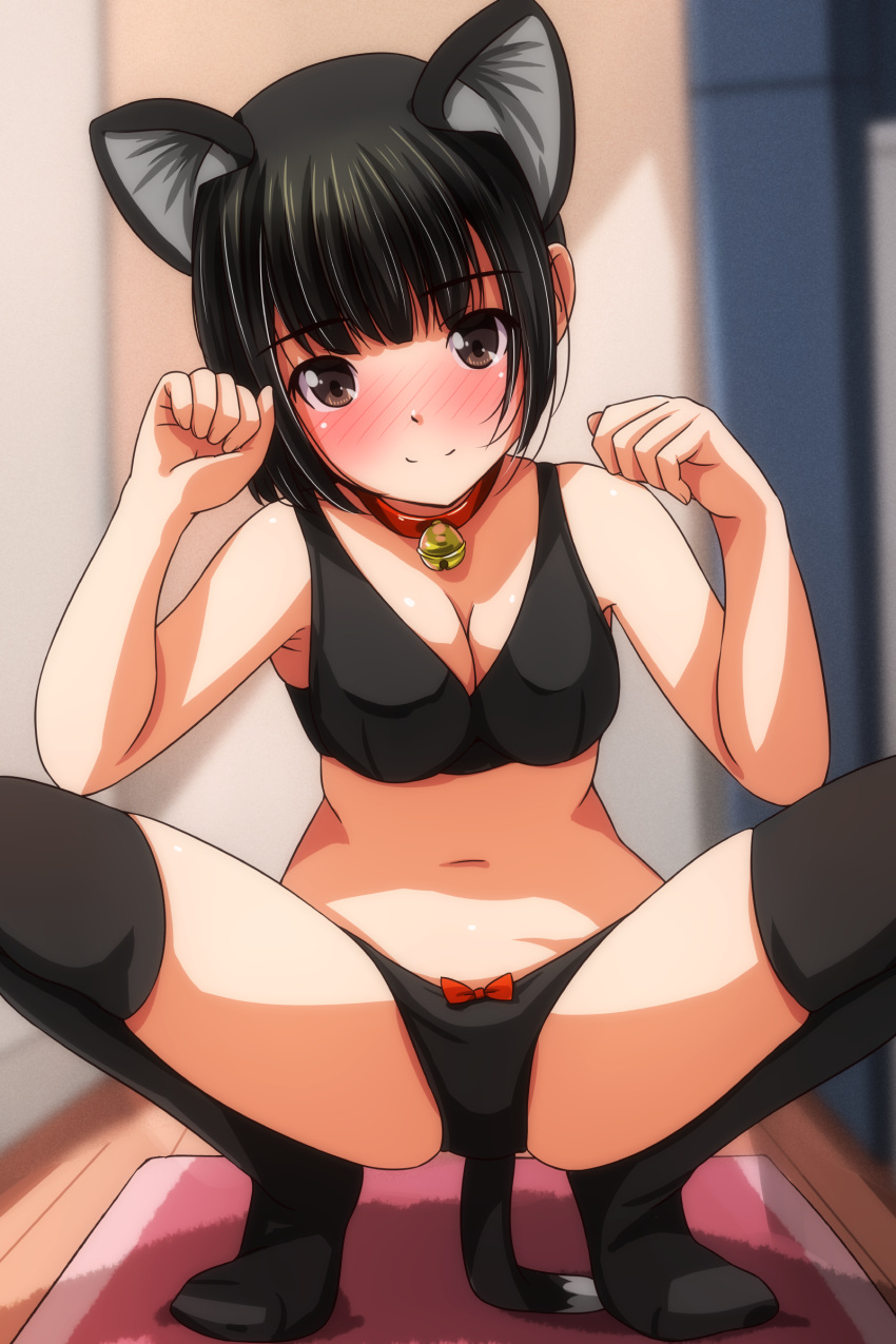 1girl absurdres animal_ears bell black_hair blurry bow bow_panties breasts brown_eyes carpet cat_ears cat_tail cosplay depth_of_field head_tilt highres indoors looking_at_viewer m_legs matsunaga_kouyou medium_breasts navel neck_bell original panties paw_pose short_hair smile solo spread_legs squatting tail underwear