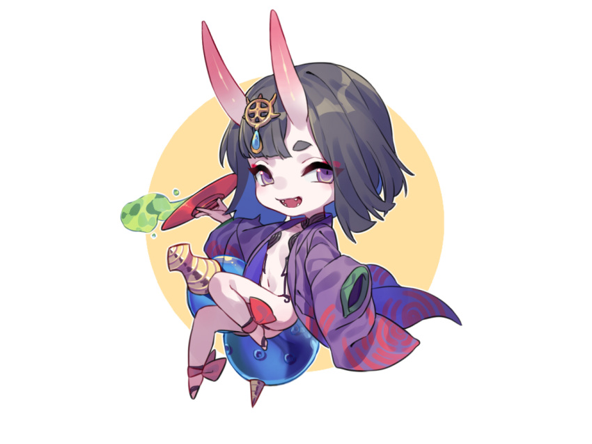 1girl black_hair blue_gemstone blue_hair bob_cut border chibi colored_inner_hair commentary cup eyeshadow fangs fate/grand_order fate_(series) flat_chest floating full_body gem gourd headpiece holding holding_cup horns japanese_clothes kimono leg_ribbon looking_at_viewer makeup medium_hair multicolored_hair navel oni open_clothes open_kimono open_mouth outline outside_border purple_eyes purple_kimono red_eyeshadow red_ribbon revealing_clothes ribbon round_border sakazuki shisantian shuten_douji_(fate) skin-covered_horns sleeves_past_fingers sleeves_past_wrists smile solo symbol-only_commentary white_border white_outline wide_sleeves yellow_background