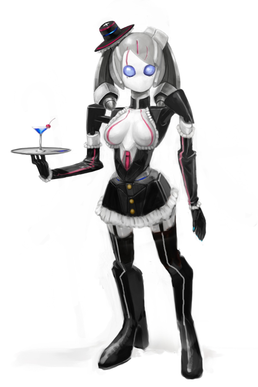 1girl android black_footwear black_hat black_sleeves blue_sclera boots breasts cherry cocktail cocktail_glass colored_sclera commentary_request cup detached_sleeves drinking_glass food frilled_hat frilled_sleeves frills fruit full_body futsuu hat high_heel_boots high_heels highres holding holding_tray humanoid_robot looking_at_viewer maid medium_breasts no_mouth no_pupils original robot simple_background solo standing thigh_boots top_hat tray twintails white_background