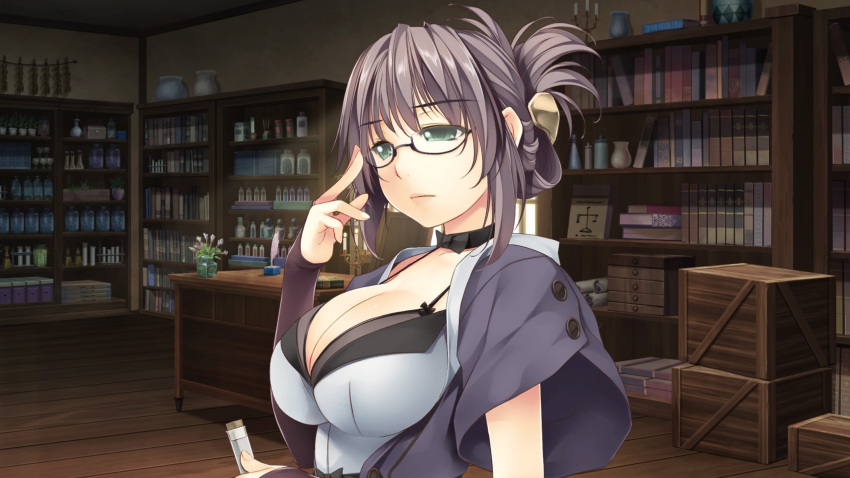 1girl adjusting_eyewear atelier-moo black_collar breasts cleavage closed_mouth collar folded_ponytail glasses green_eyes hair_between_eyes hair_ornament hairclip highres holding holding_test_tube indoors kanan_yildis large_breasts lipstick long_hair looking_down makeup narrow_waist puffy_short_sleeves puffy_sleeves sad short_sleeves solo standing test_tube upper_body wizards_symphony