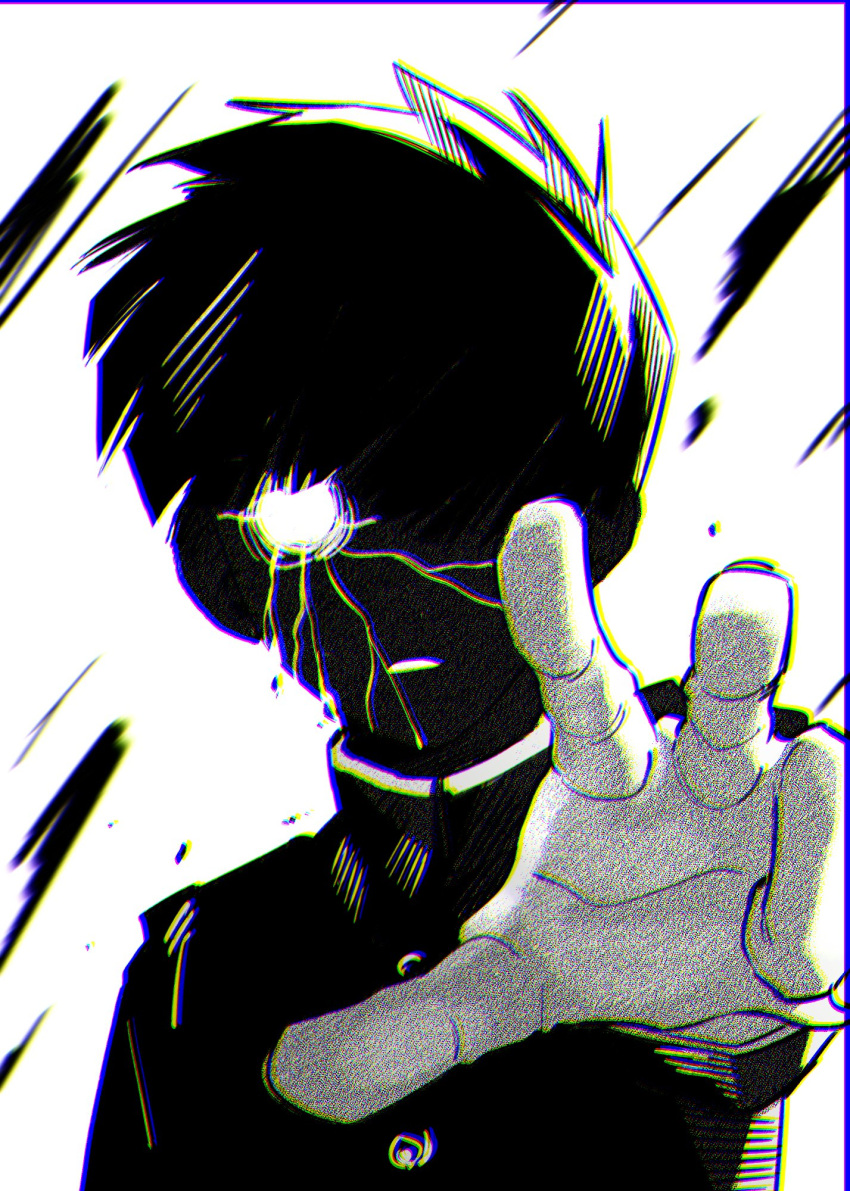 1428_ewe 1boy bowl_cut debris face_in_shadow gakuran glowing glowing_eyes hair_over_one_eye hand_up highres kageyama_shigeo kageyama_shigeo_(???) korean_commentary male_focus mob_psycho_100 motion_blur one_eye_covered parted_lips reaching reaching_towards_viewer school_uniform short_hair solo upper_body