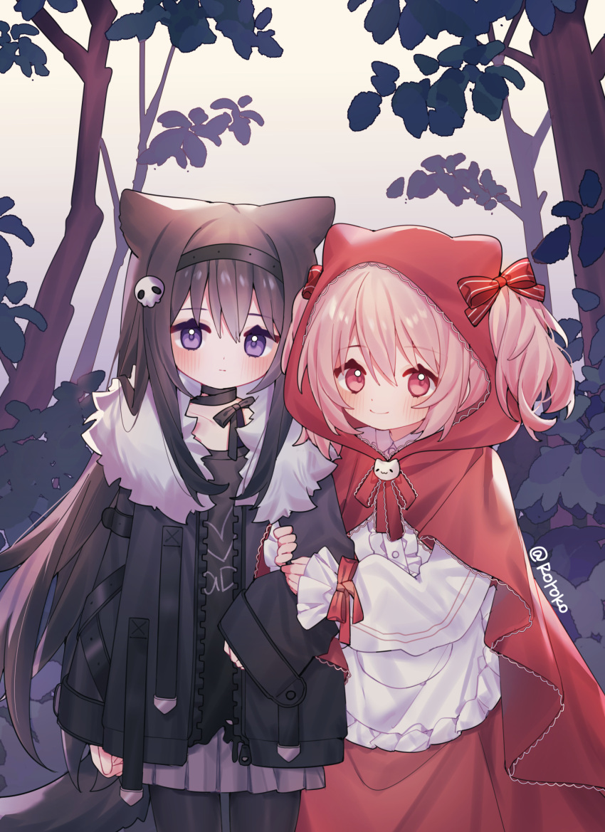 2girls akemi_homura alternate_costume animal_ears apron arm_at_side arm_grab artist_name big_bad_wolf black_choker black_hair black_hairband black_jacket black_pantyhose bow chinese_commentary choker cloak collarbone commentary_request cosplay cowboy_shot expressionless forest frilled_apron frilled_sleeves frills fur-trimmed_jacket fur_trim hair_bow hair_ornament hair_through_headwear hairband hands_on_another's_arm highres hood hood_up hooded_cloak jacket kaname_madoka kemonomimi_mode light_blush little_red_riding_hood_(grimm) little_red_riding_hood_(grimm)_(cosplay) long_hair long_sleeves looking_at_viewer mahou_shoujo_madoka_magica mahou_shoujo_madoka_magica_(anime) multiple_girls nature neck_ribbon outdoors pantyhose pink_eyes pink_hair purple_eyes purple_skirt red_cloak red_ribbon ribbon roro_(lolo) short_hair short_twintails signature skirt skull_hair_ornament sleeves_past_wrists smile standing striped_bow tail tree twintails white_apron wolf_ears wolf_girl wolf_tail wrist_ribbon zipper