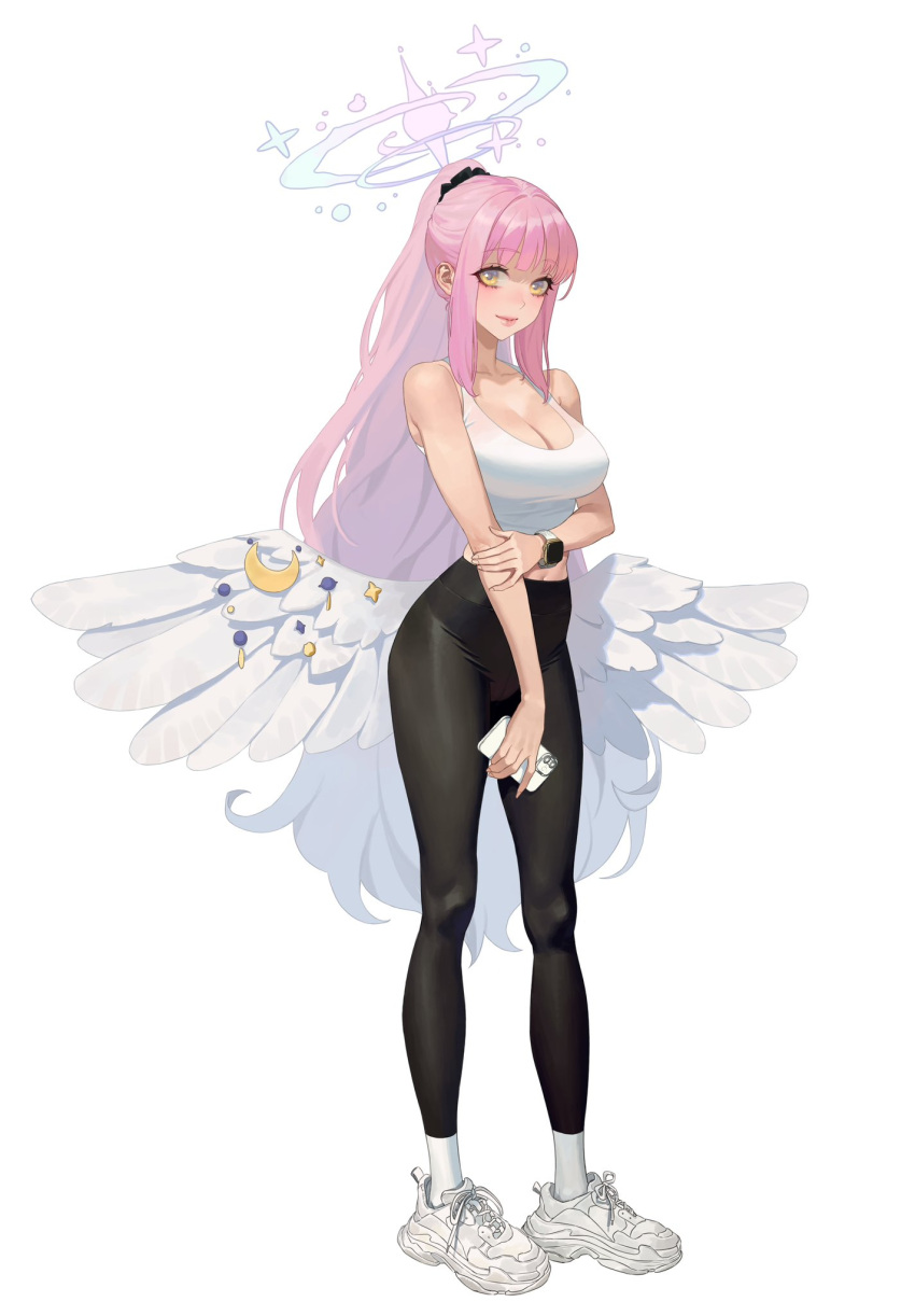 1girl alternate_costume angel_wings bare_arms bare_shoulders black_leggings black_scrunchie blue_archive blush breasts cellphone cleavage closed_mouth feathered_wings full_body gradient_hair grey_hair hair_ornament hair_scrunchie halo highres holding holding_own_arm holding_phone hongcasso large_breasts leggings long_hair looking_at_viewer low_wings midriff mika_(blue_archive) multicolored_hair navel phone pink_hair pink_halo ponytail scrunchie shoes sidelocks simple_background smartphone smartwatch smile sneakers socks solo standing tank_top very_long_hair watch white_background white_footwear white_socks white_tank_top white_wings wing_ornament wings wristwatch yellow_eyes