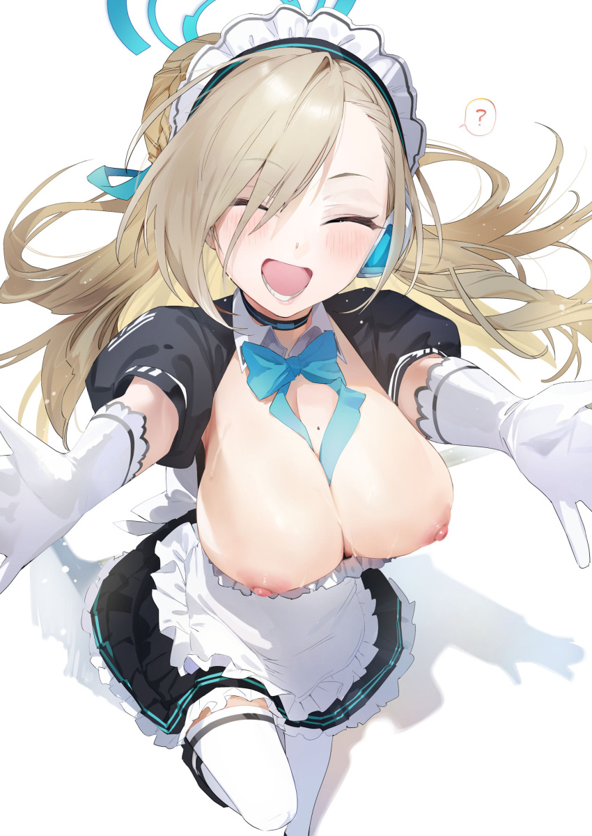 1girl ? absurdres apron asuna_(blue_archive) asymmetrical_bangs blonde_hair blue_archive blue_bow blue_bowtie blue_halo blush bow bowtie breasts breasts_out cleavage closed_eyes commentary_request elbow_gloves facing_viewer foreshortening gloves hair_over_one_eye halo highres large_breasts long_hair maid maid_apron maid_headdress mole mole_on_breast nipples open_mouth outstretched_arms reaching reaching_towards_viewer shadow simple_background smile solo spoken_question_mark sweat thighhighs waist_apron white_apron white_background white_gloves white_thighhighs yanyo_(ogino_atsuki)