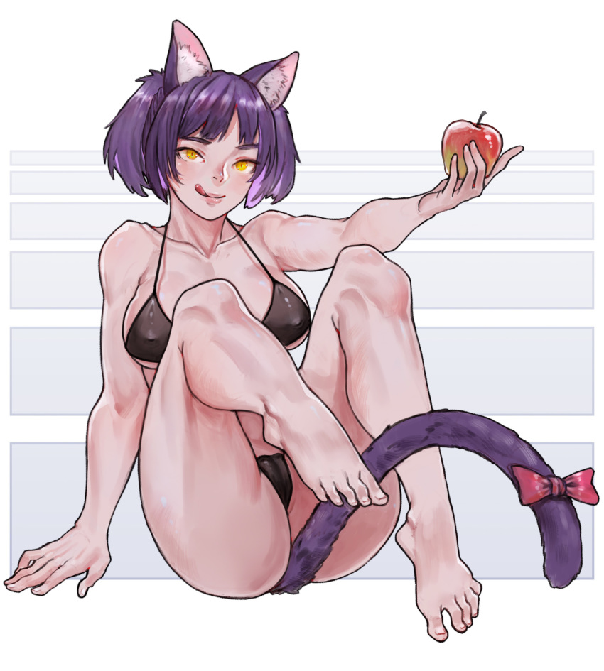1girl animal_ears bad_anatomy bad_leg barefoot bikini black_bikini breasts cat_ears cat_tail character_request collarbone copyright_request covered_nipples erect_nipples food fruit full_body highres holding holding_food holding_fruit knees_up large_breasts licking_lips looking_at_viewer purple_hair short_hair simple_background sitting smile snow7a solo swimsuit tail tongue tongue_out white_background yellow_eyes