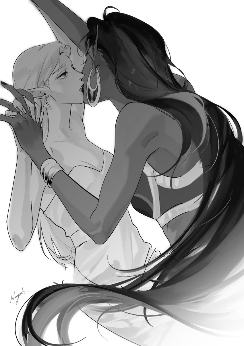 2girls absurdres blush breasts dark-skinned_female dark_skin earrings gerudo greyscale highres jewelry kiss long_hair monochrome multiple_girls neiigal parted_lips pointy_ears princess_zelda signature teeth the_legend_of_zelda the_legend_of_zelda:_breath_of_the_wild upper_teeth_only urbosa very_long_hair yuri