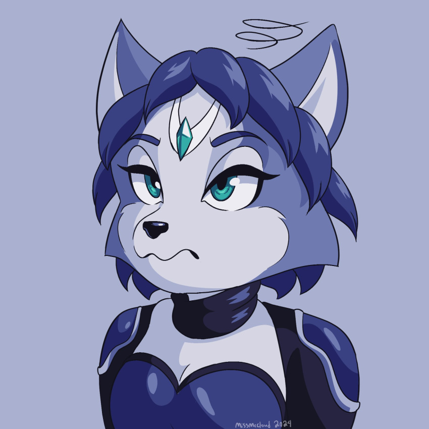 1:1 2024 anthro blue_body blue_fur blue_hair bodysuit canid canine circlet clothing eyebrows eyelashes female fox fur green_eyes hair hi_res krystal_(star_fox) mammal missmccloud nintendo portrait short_hair skinsuit solo star_fox tight_clothing wavy_mouth white_body white_fur