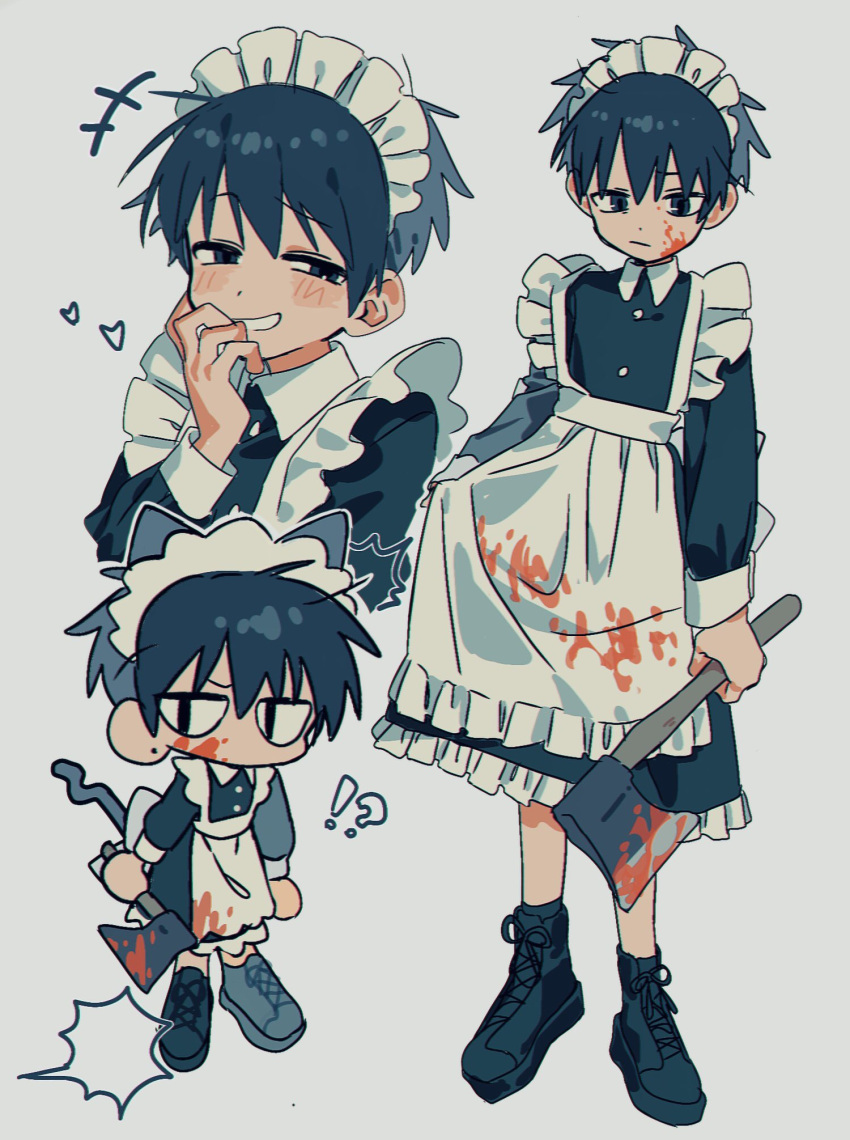 1boy apron axe black_dress black_hair blood blood_on_clothes blood_on_face chibi crossdressing dress hatchet_(axe) highres looking_at_viewer maid maid_apron maid_headdress multiple_views original otoko_no_ko short_hair smile solo umipi white_apron white_background