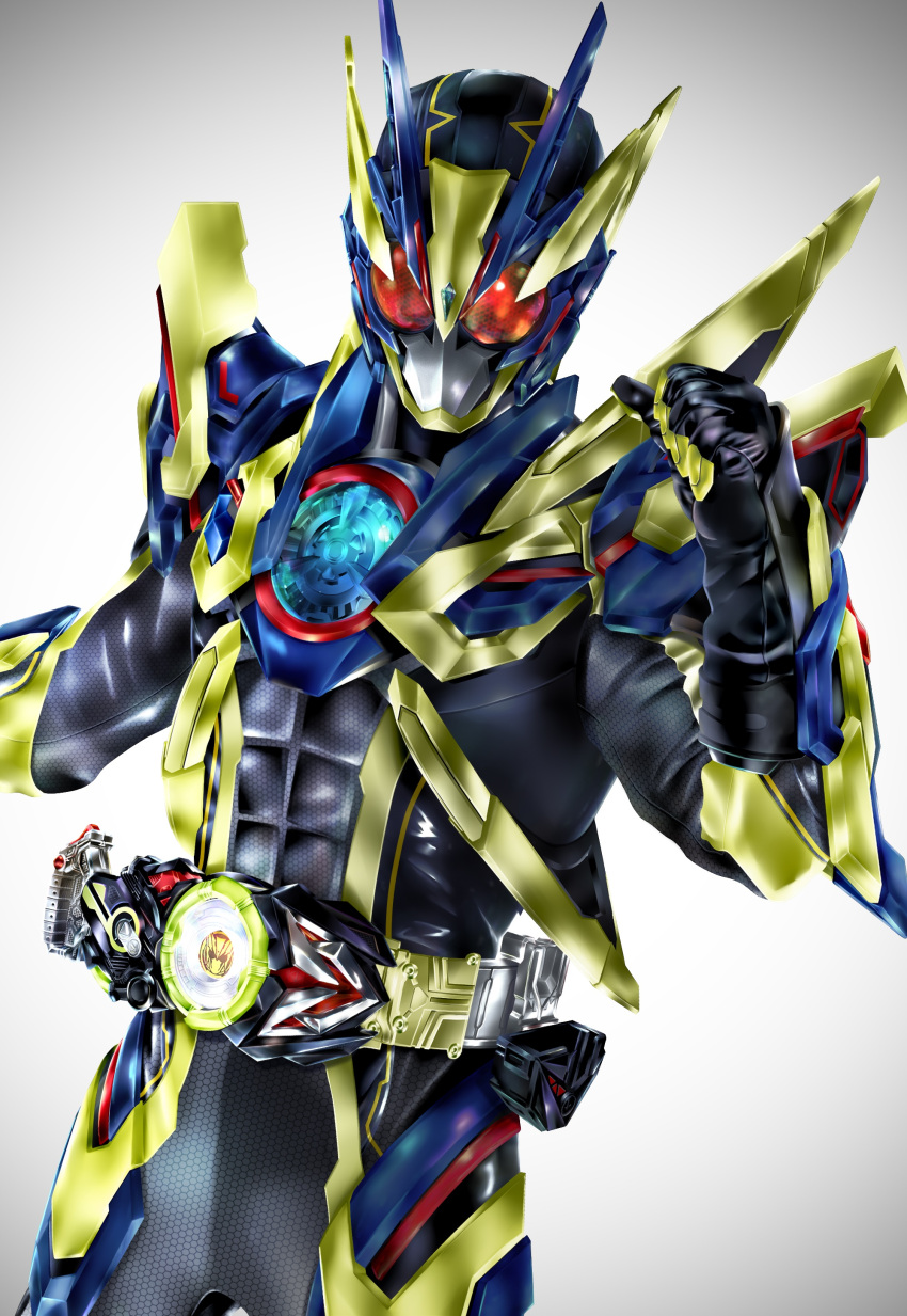 1boy absurdres antennae armor belt black_bodysuit blue_armor bodysuit compound_eyes driver_(kamen_rider) gloves glowing green_armor helmet highres kamen_rider kamen_rider_01_(series) kamen_rider_zero-one kuzurx male_focus multicolored_armor progrise_key red_eyes rider_belt shining_assault_hopper solo tokusatsu upper_body white_background zero_one_driver