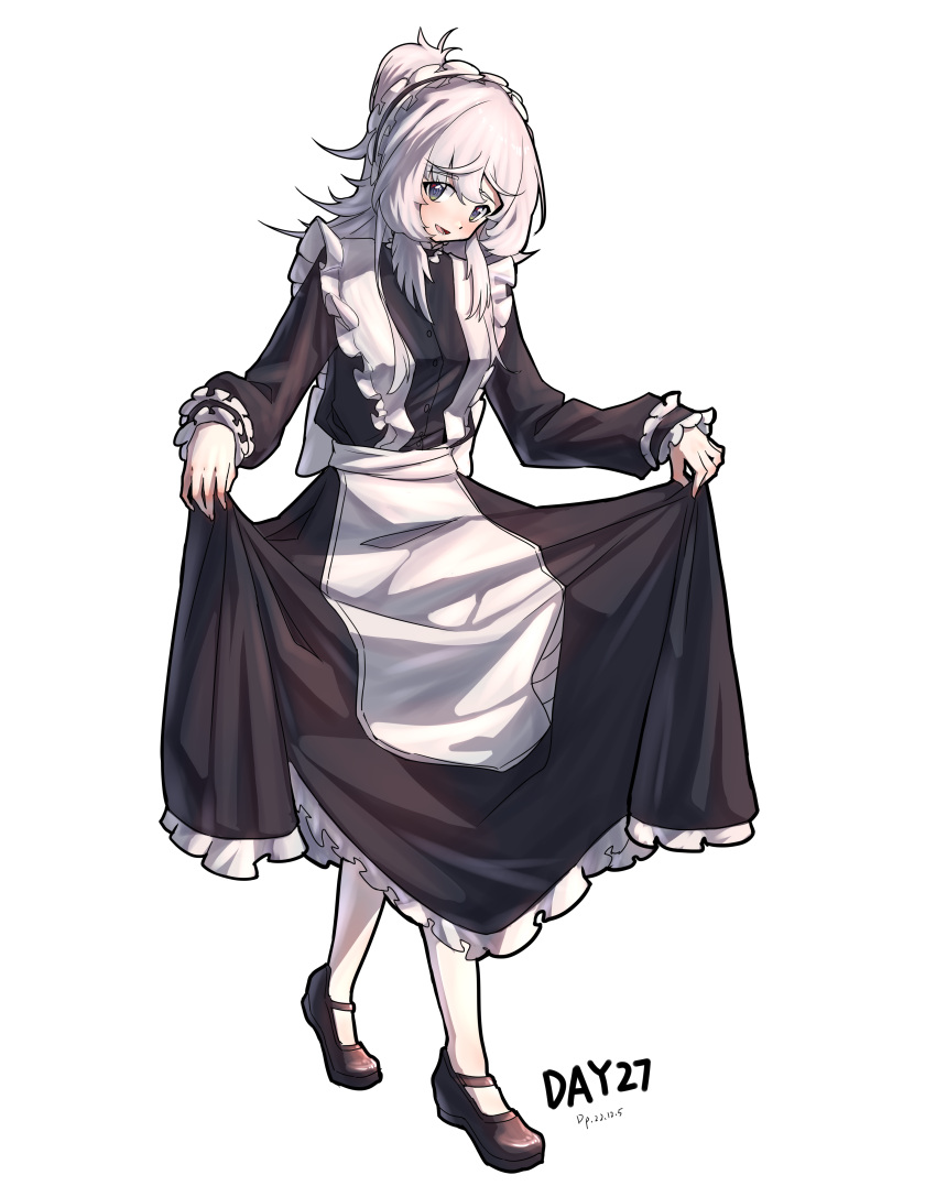 1girl absurdres alternate_costume apron arknights black_dress black_footwear blush commentary_request curtsey dated dress enmaided gaoling_gangqin grey_eyes highres long_hair looking_at_viewer maid maid_apron maid_headdress mulberry_(arknights) open_mouth pantyhose solo very_long_hair white_hair white_pantyhose