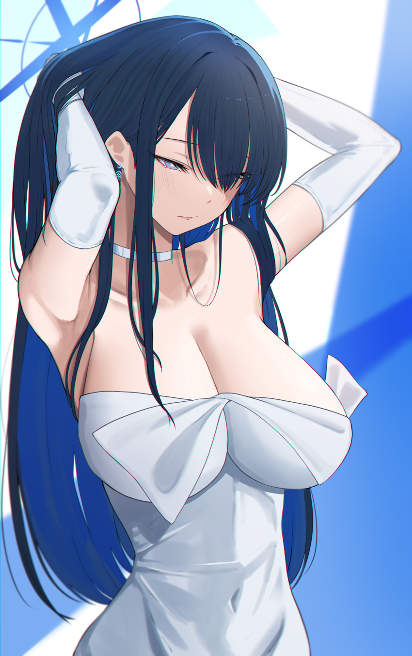 1girl absurdres armpits arms_up black_hair blue_archive blue_eyes blue_hair blue_halo breasts choker closed_mouth colored_inner_hair covered_navel dress earrings elbow_gloves gloves half-closed_eyes halo hands_in_hair highres jewelry large_breasts long_hair multicolored_hair poolpool saori_(blue_archive) solo strapless strapless_dress two-tone_hair upper_body very_long_hair white_choker white_dress white_gloves