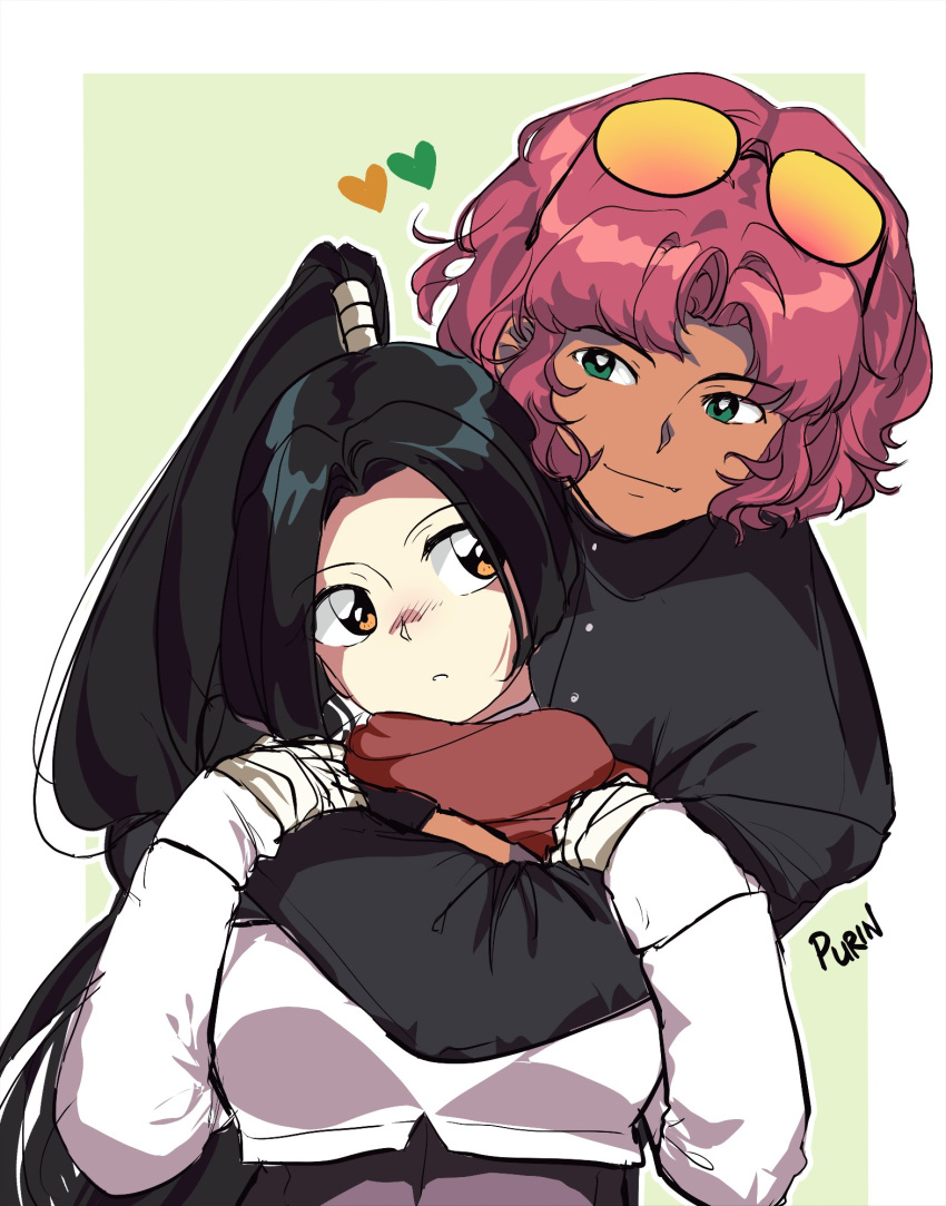 1boy 1girl akashi_(akkasayu) akkasayu artist_name aviator_sunglasses black_hair black_shirt border couple cropped_sweater dark-skinned_male dark_skin gakuran gloves green_background grey_shirt heart hetero highres hug hug_from_behind looking_at_another looking_to_the_side orange-tinted_eyewear orange_eyes original parted_bangs pink_hair ponytail red_scarf sayuri_(akkasayu) scarf school_uniform shirt sketch smile sunglasses sweater tinted_eyewear white_border white_gloves white_sweater