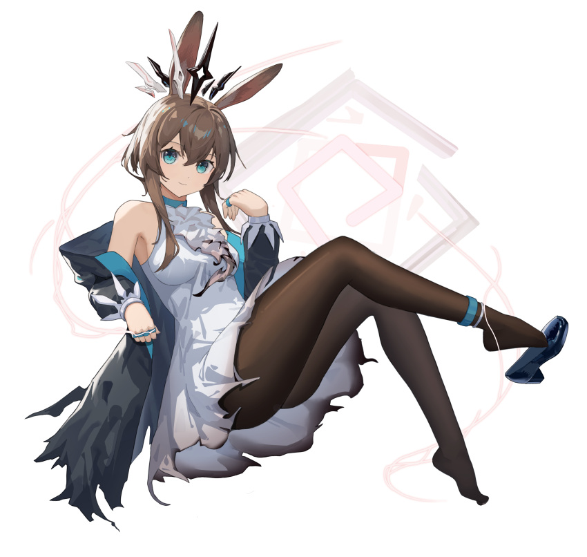 1girl absurdres amiya_(arknights) amiya_(medic)_(arknights) animal_ears ankle_strap arknights armpit_crease ascot bare_shoulders black_jacket black_pantyhose blue_choker blue_eyes blue_footwear breasts brown_hair burnt_clothes chinese_commentary choker closed_mouth commentary hair_between_eyes head_tilt highres jacket jewelry long_hair looking_at_viewer mary_janes medium_breasts multiple_rings neck_ring off_shoulder official_alternate_costume open_clothes open_jacket originium_arts_(arknights) pantyhose rabbit_ears rabbit_girl ring shoe_dangle shoes sidelocks single_shoe skirt smile solo string toes two-sided_fabric two-sided_jacket white_ascot white_background white_skirt xiandai_quanru