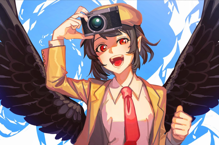 1girl :d bird_wings black_hair black_wings breasts brown_hat brown_jacket camera collared_shirt feathered_wings flat_cap hat highres holding holding_camera jacket long_sleeves looking_at_viewer necktie nyaabun open_mouth pointy_ears red_eyes red_necktie shameimaru_aya shameimaru_aya_(newsboy) shirt short_hair small_breasts smile solo suit_jacket touhou upper_body white_shirt wings