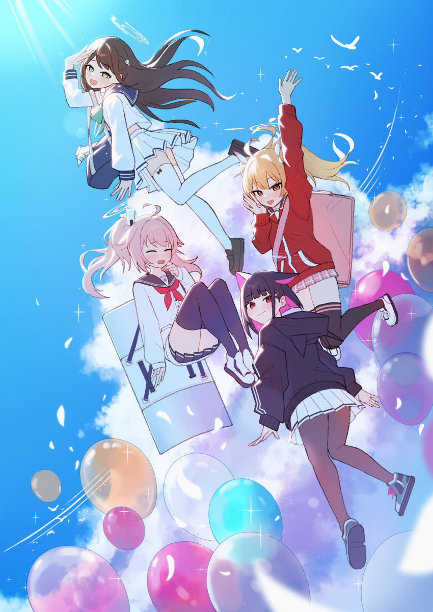 4girls absurdres after-school_sweets_club_(blue_archive) airi_(blue_archive) animal_ears arm_up balloon black_footwear black_hair black_jacket black_pantyhose black_sailor_collar black_thighhighs blonde_hair blue_archive buttons cardigan cat_ears closed_eyes cloud cloudy_sky colored_inner_hair extra_ears green_eyes green_halo halo highres hood hood_down hooded_jacket jacket kazusa_(blue_archive) long_hair long_sleeves momocadraw multicolored_hair multiple_girls natsu_(blue_archive) neckerchief open_mouth pantyhose pink_hair pink_halo pink_skirt pleated_skirt ponytail red_jacket red_neckerchief sailor_collar school_uniform serafuku shoes short_hair skirt sky smile thighhighs twintails white_cardigan white_skirt white_thighhighs yellow_halo yoshimi_(blue_archive)