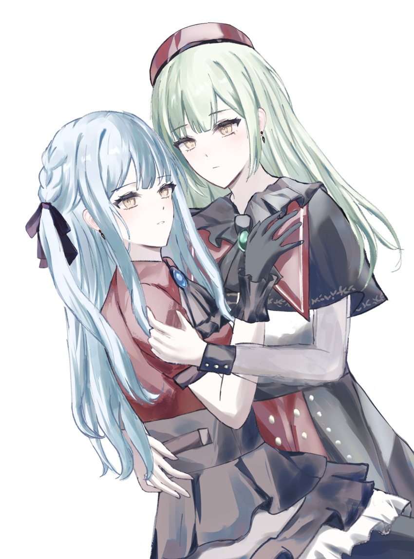 2girls ascot bang_dream! bang_dream!_it's_mygo!!!!! beret black_ascot black_gloves black_ribbon black_skirt blue_brooch blue_hair blush braid commentary earrings gloves green_brooch green_hair hair_ribbon hashtag-only_commentary hat highres hug jewelry long_hair long_sleeves multiple_girls parted_lips puffy_short_sleeves puffy_sleeves red_hat red_shirt ribbon see-through see-through_sleeves shirt short_sleeves sidelocks simple_background skirt togawa_sakiko two_side_up wakaba_mutsumi white_background yellow_eyes yingdaoyicha yuri