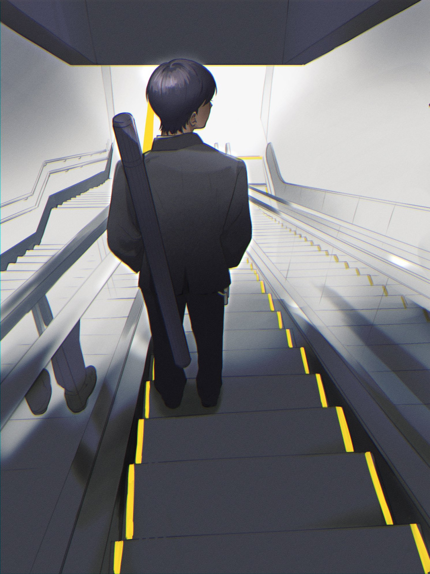 1boy bag black_hair black_jacket black_pants chromatic_aberration commentary escalator facing_away facing_to_the_side film_grain from_behind full_body hands_in_pockets highres jacket kenmochi_touya kenmochi_touya_(1st_costume) long_sleeves male_focus nijisanji pants profile short_hair shoulder_bag solo stairs standing subway_station symbol-only_commentary underground virtual_youtuber vuvuzuke weapon_case