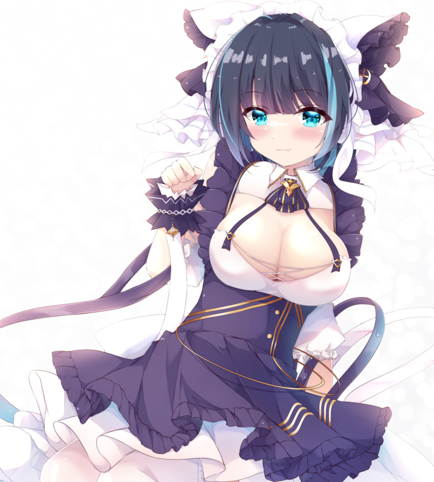 1girl azur_lane backlighting black_dress black_hair blue_eyes blush breasts cheshire_(azur_lane) cleavage closed_mouth commentary_request detached_sleeves dress fang fang_out fuuna hand_up highres large_breasts looking_at_viewer paw_pose puffy_short_sleeves puffy_sleeves short_sleeves simple_background smile solo white_background white_sleeves wrist_cuffs