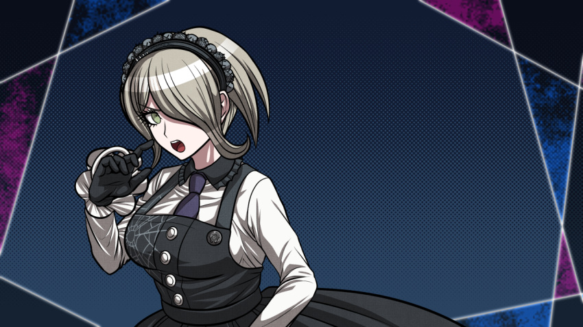 1girl badge black_collar black_dress black_gloves black_hairband blonde_hair blue_background breasts buttons collar collared_shirt commentary_request cowboy_shot danganronpa_(series) danganronpa_v3:_killing_harmony dress eyelashes frilled_shirt_collar frilled_sleeves frills gloves green_eyes hair_over_one_eye hairband hand_up lace-trimmed_hairband lace_trim large_breasts long_sleeves looking_at_viewer necktie o-ring official_style open_mouth outside_border palms parody polka_dot polka_dot_background purple_necktie shirt short_hair simple_background sleeveless sleeveless_dress solo spider_web_print style_parody teeth tojo_kirumi upper_teeth_only v-shaped_eyebrows white_shirt white_sleeves yumaru_(marumarumaru)