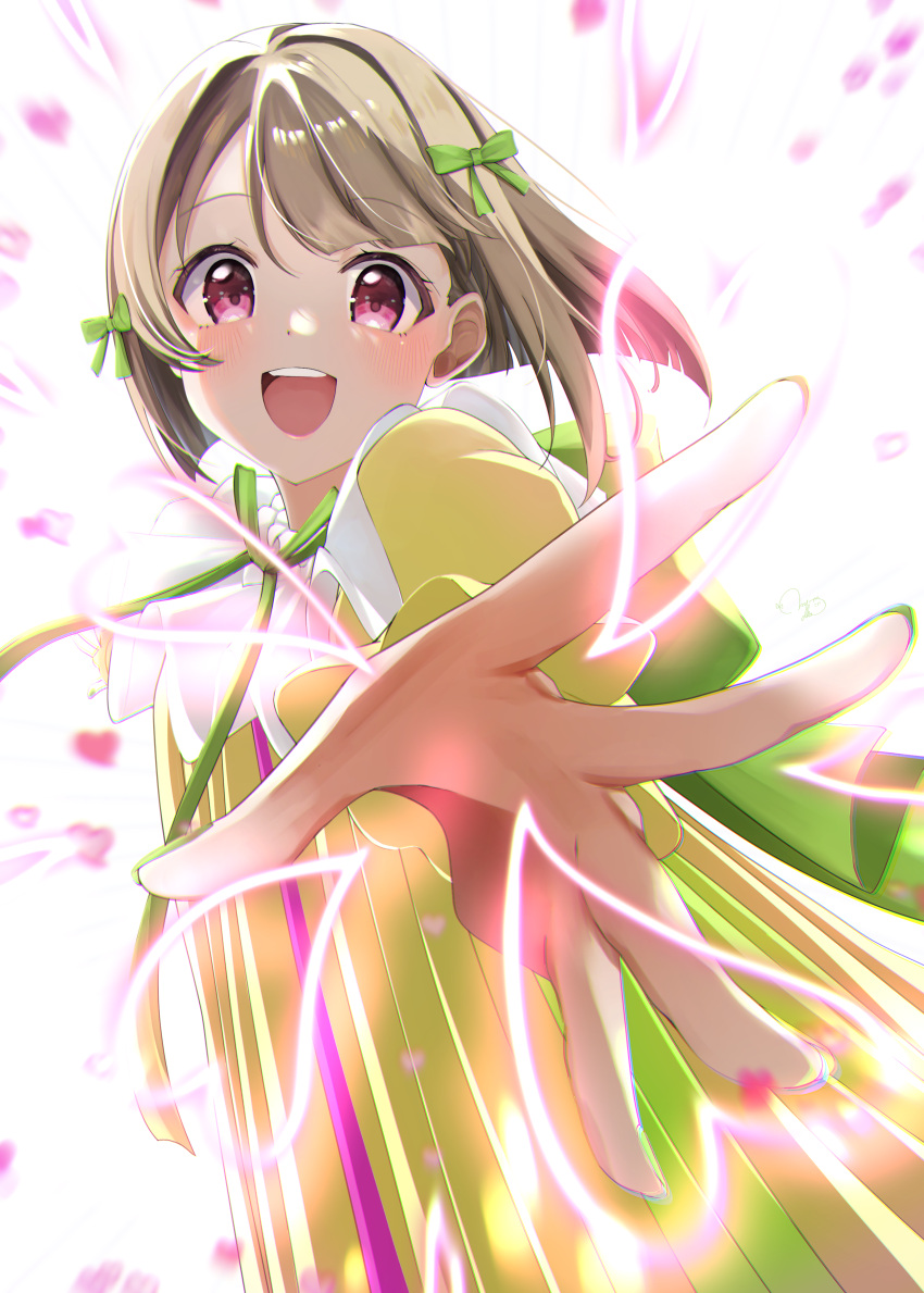 1girl :d absurdres asymmetrical_hair blush bob_cut commentary_request dress foreshortening green_ribbon hair_ribbon heart highres light_brown_hair long_sleeves looking_at_viewer love_live! love_live!_nijigasaki_high_school_idol_club mutekikyuu_believer nakasu_kasumi neck_ribbon nyako_(utaneko31) official_alternate_costume open_mouth reaching reaching_towards_viewer red_eyes ribbon short_hair smile solo upper_body white_background yellow_dress