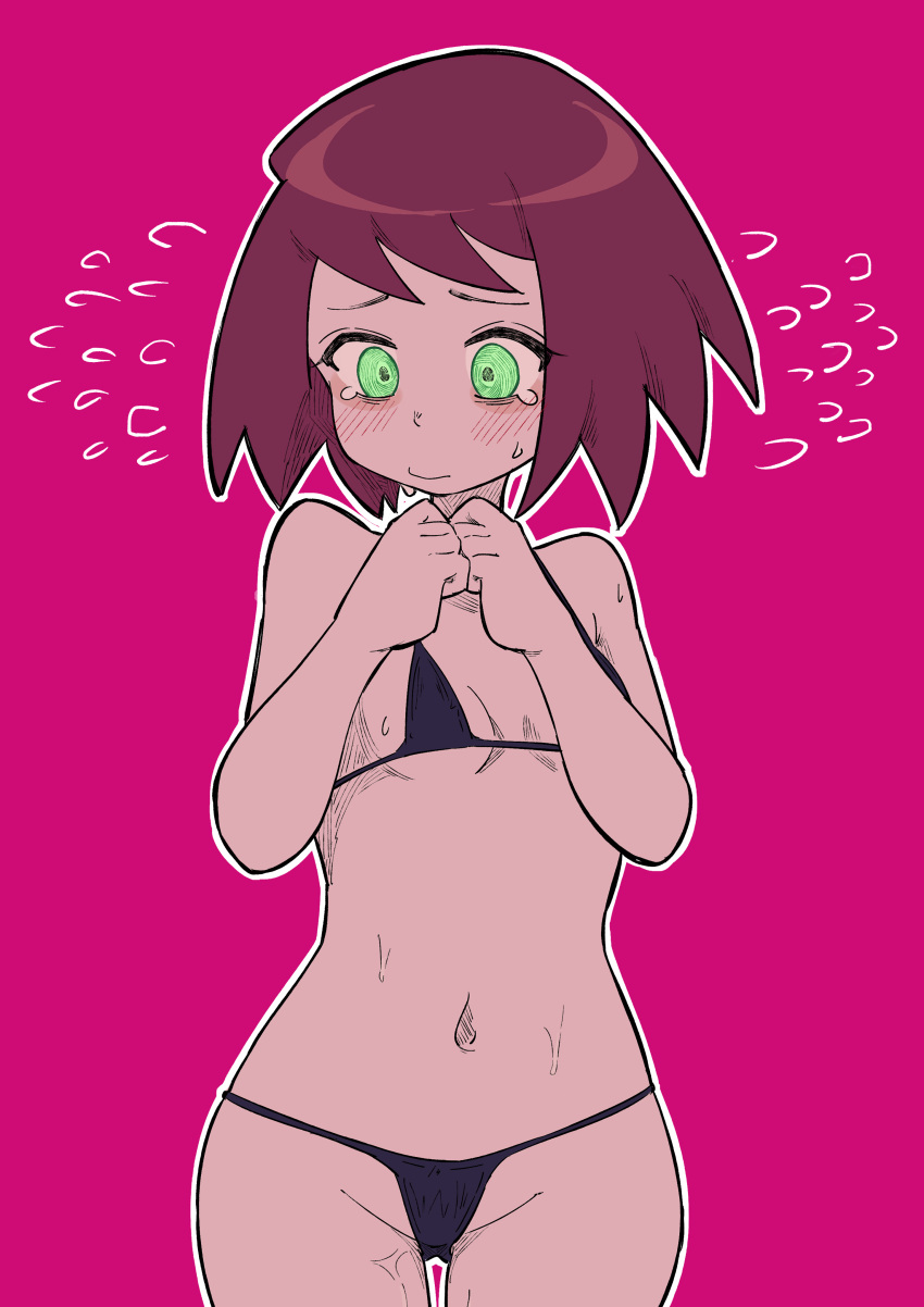 1girl absurdres alternate_costume bikini black_bikini blush breasts buzzlyears cowboy_shot green_eyes highres looking_down mega_man_(series) mega_man_star_force navel nervous_sweating pink_background red_hair short_hair simple_background small_breasts solo sonia_strumm_(mega_man) sweat swimsuit