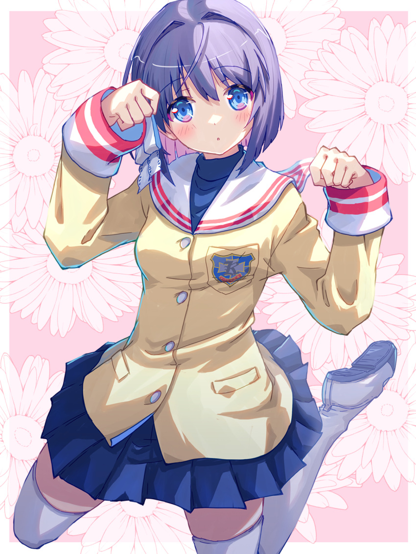 1girl :o akayama_yukihe blazer blue_eyes blue_skirt blunt_ends blush bob_cut border clannad commentary_request eyes_visible_through_hair fujibayashi_ryou hair_between_eyes hair_intakes hair_ribbon hands_up highres hikarizaka_private_high_school_uniform jacket kneeling knees_out_of_frame loafers looking_at_viewer medium_hair miniskirt open_mouth paw_pose pink_background pleated_skirt purple_hair ribbon sailor_collar school_uniform serafuku shoes simple_background skirt sleeves_past_wrists solo tareme thighhighs tress_ribbon w_arms white_border white_footwear white_ribbon white_sailor_collar white_thighhighs yellow_jacket zettai_ryouiki
