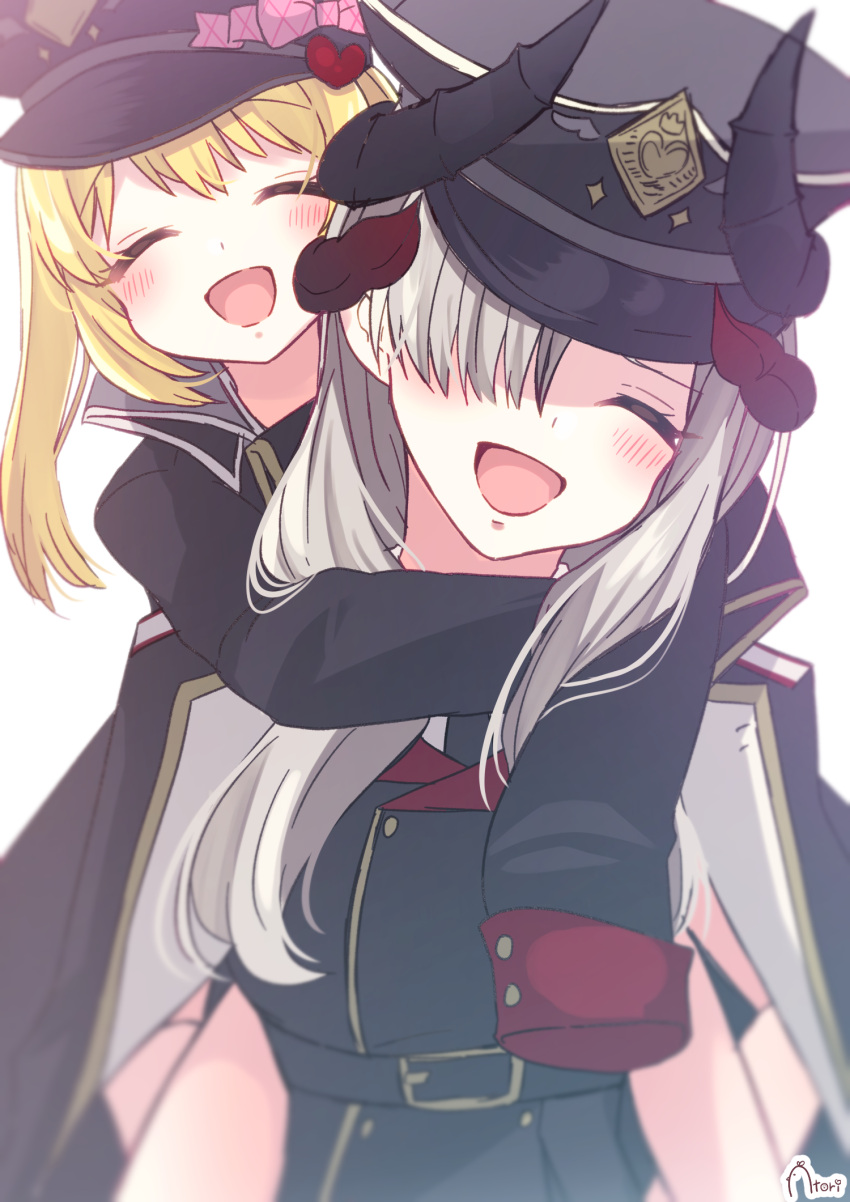 2girls ^_^ asymmetrical_bangs belt_buckle black_coat black_dress black_hat blonde_hair blue_archive buckle carrying closed_eyes coat demon_horns dress facing_viewer grey_hair hair_over_one_eye hat head_tilt highres horns ibuki_(blue_archive) long_hair makoto_(blue_archive) military_uniform multiple_girls one_eye_covered peaked_cap piggyback signature simple_background sleeves_past_fingers sleeves_past_wrists uniform very_long_hair white_background yahagi_(yui1251)