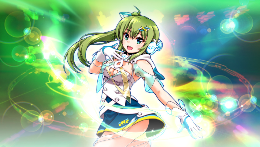 1girl armpits ass bare_shoulders beatmania_iidx breasts cleavage gloves goli_matsumoto green_eyes green_hair hair_ornament headphones kitami_erika medium_breasts non-web_source official_art side_ponytail skirt smile solo teeth upper_teeth_only white_gloves