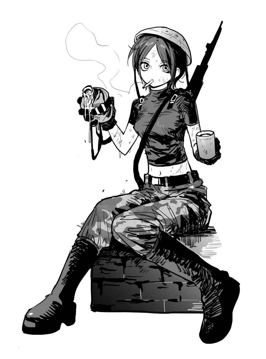 1girl belt boots breasts camouflage camouflage_pants canteen cigarette commentary_request cropped_shirt cup dirty dirty_face full_body greyscale gun gun_on_back helmet highres holding holding_canteen holding_cup jihecchi knee_boots knees_together_feet_apart korean_commentary looking_at_viewer medium_breasts monochrome mouth_hold original pants parted_bangs scratches short_hair short_sleeves shoulder_strap simple_background sitting sitting_on_object smoking soldier solo sweat water weapon weapon_on_back