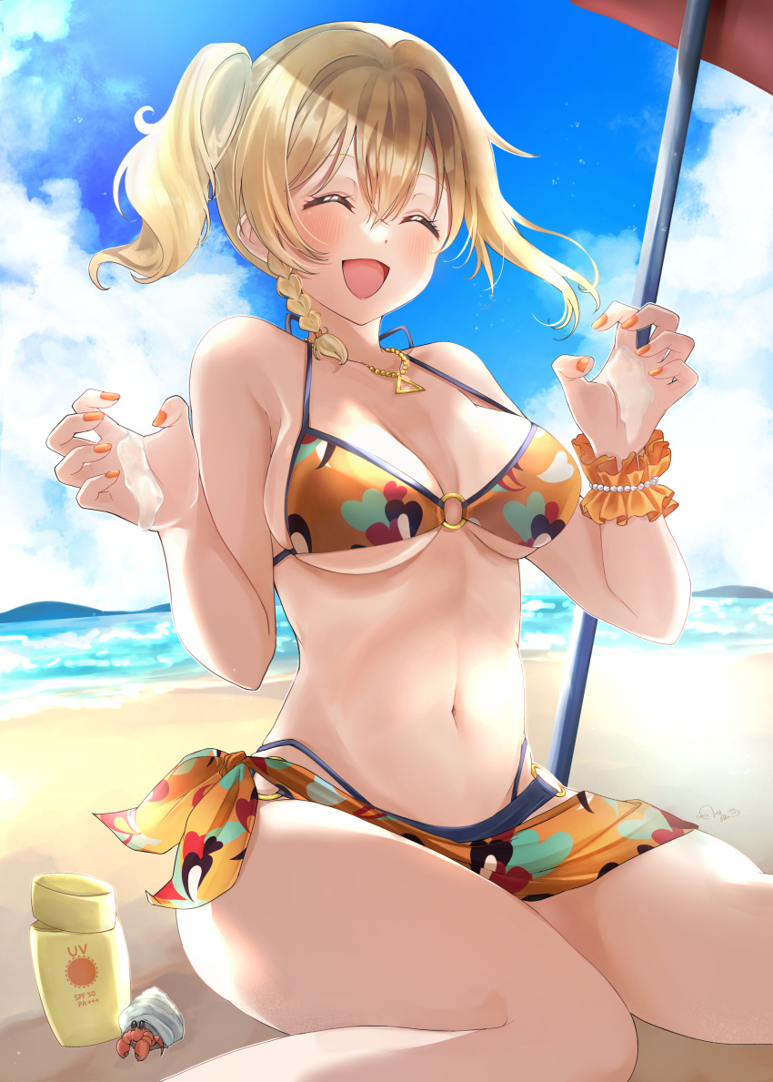 1girl ^_^ absurdres beach bikini blonde_hair blush braid breasts claw_pose closed_eyes collarbone commentary double-parted_bangs frilled_cuffs heart heart_print hermit_crab highres jewelry lotion love_live! love_live!_nijigasaki_high_school_idol_club medium_breasts medium_hair miyashita_ai mountainous_horizon navel necklace nyako_(utaneko31) o-ring o-ring_top open_mouth orange_bikini orange_nails orange_sarong orange_wrist_cuffs print_bikini sarong shade side_braid side_ponytail sidelocks single_wrist_cuff sitting smile solo stomach sunscreen swimsuit wariza wrist_cuffs