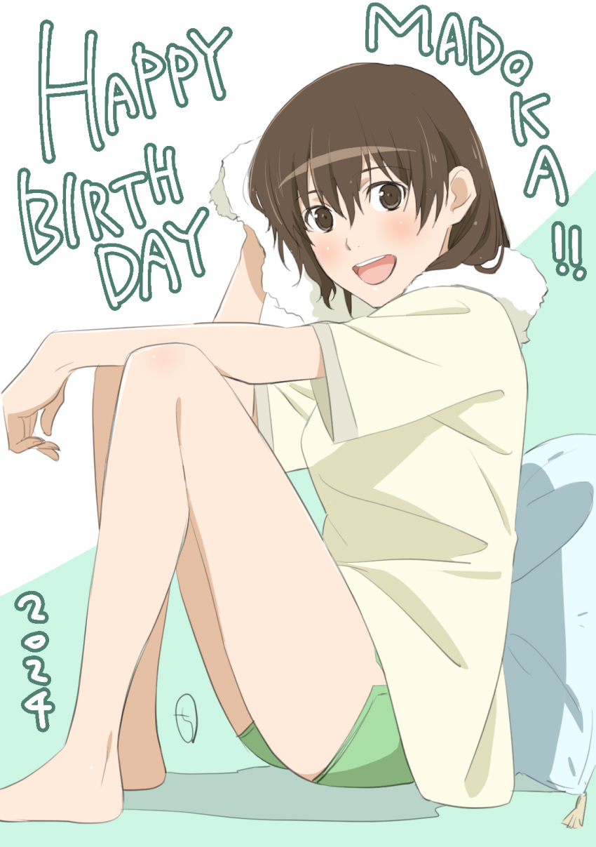 1girl :d barefoot blush breasts brown_eyes brown_hair commentary_request dolphin_shorts happy_birthday highres kobayashi_chizuru kyouno_madoka looking_at_viewer medium_breasts official_alternate_costume open_mouth rinne_no_lagrange shirt short_hair shorts sitting sleepwear smile solo teeth thighs towel towel_around_neck upper_teeth_only wet wet_hair yellow_shirt