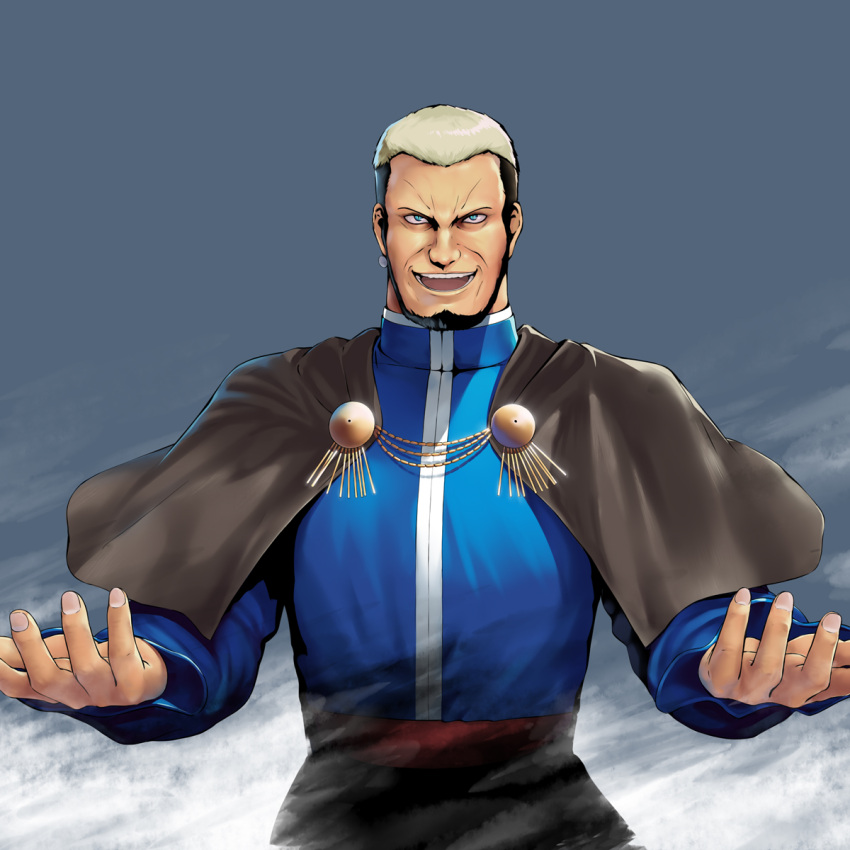 1boy aerokinesis beard blue_eyes blue_robe capelet commentary_request earrings facial_hair goenitz grey_hair highres jewelry looking_at_viewer male_focus open_mouth priest robe single_earring smile solo teeth the_king_of_fighters tsubure_manjuu upper_body wind