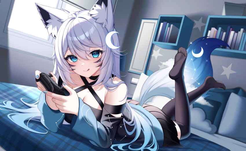 1girl :q animal_ear_fluff animal_ears bare_shoulders bed bedroom black_choker black_shirt black_skirt black_thighhighs blue_eyes breasts choker cleavage closed_mouth criss-cross_halter detached_sleeves facial_mark fox_ears fox_girl fox_tail gradient_clothes gradient_hair halterneck highres holding kiyochii legs_up long_hair long_sleeves looking_at_viewer lying medium_breasts miniskirt multicolored_hair no_shoes on_bed on_stomach original playstation_controller pleated_skirt shirt skirt sleeveless sleeveless_shirt smile solo tail thighhighs tongue tongue_out white_hair