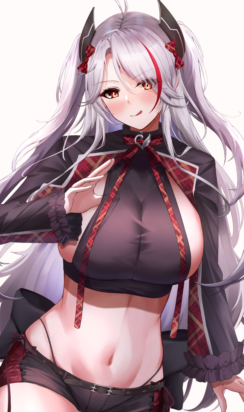 absurdres antenna_hair azur_lane black_shorts bow bowtie breasts cleavage cowboy_shot crop_top frilled_sleeves frills highleg highleg_panties highres idol_clothes kirisamede_gzr large_breasts licking_lips looking_at_viewer midriff multicolored_hair navel official_alternate_costume panties plaid plaid_bow plaid_bowtie prinz_eugen_(azur_lane) prinz_eugen_(muse)_(azur_lane) red_hair short_shorts shorts sideboob sideboob_cutout streaked_hair string_panties tongue tongue_out two_side_up underwear white_background white_hair