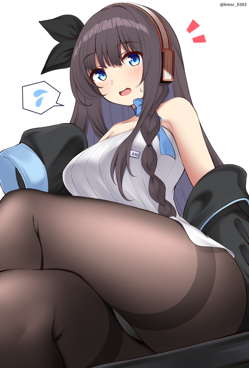 1girl ass azur_lane bare_shoulders black_jacket black_ribbon blue_bow blue_choker blue_eyes blush bow braid breasts brown_hair brown_pantyhose choker commentary_request crossed_legs dress feet_out_of_frame flying_sweatdrops hair_between_eyes hair_ribbon headphones highres jacket kamishiro_(rsg10679) large_breasts long_hair long_island_(azur_lane) long_sleeves looking_at_viewer notice_lines off_shoulder open_clothes open_jacket panties pantyhose puffy_long_sleeves puffy_sleeves ribbon simple_background sitting sleeves_past_fingers sleeves_past_wrists small_sweatdrop solo spoken_flying_sweatdrops strapless strapless_dress sweat thighband_pantyhose thighs twitter_username underwear very_long_hair white_background white_dress white_panties