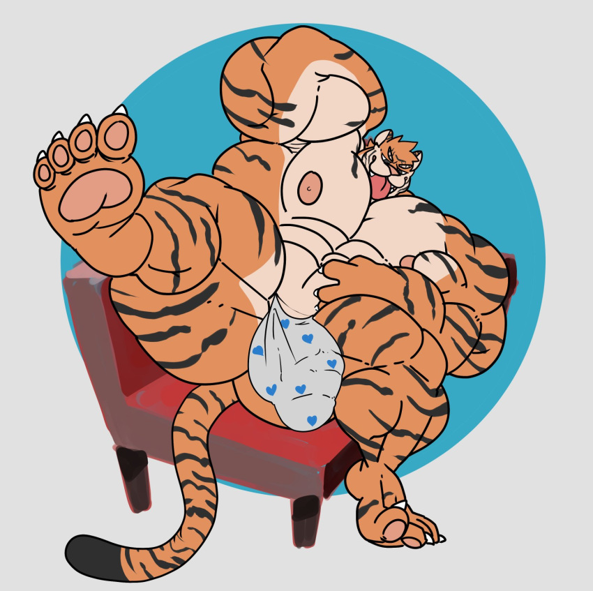 abs anthro biceps big_muscles bulge claws clothing feet felid feline foot_focus fur furniture heart_clothing heart_symbol heart_underwear hi_res huge_muscles male mammal muscular muscular_male nipples pantherine pawpads paws pecs remmy_(colt_wolf) sofa solo striped_body striped_fur stripes terryignis tiger tongue tongue_out underwear