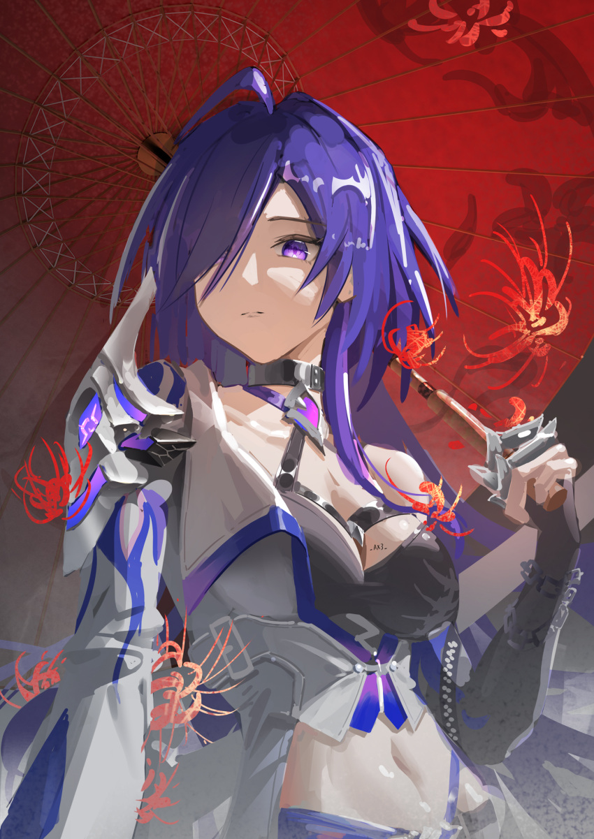 1girl acheron_(honkai:_star_rail) ahoge armor belt black_belt black_choker breasts choker cleavage closed_mouth coat commentary_request criss-cross_halter eyes_visible_through_hair hair_over_one_eye halterneck highres holding holding_umbrella honkai:_star_rail honkai_(series) large_breasts long_hair looking_to_the_side midriff multicolored_hair navel oil-paper_umbrella purple_eyes purple_hair red_spider_lily rnte5434 shoulder_armor single_bare_shoulder solo streaked_hair twitter_username umbrella upper_body white_coat