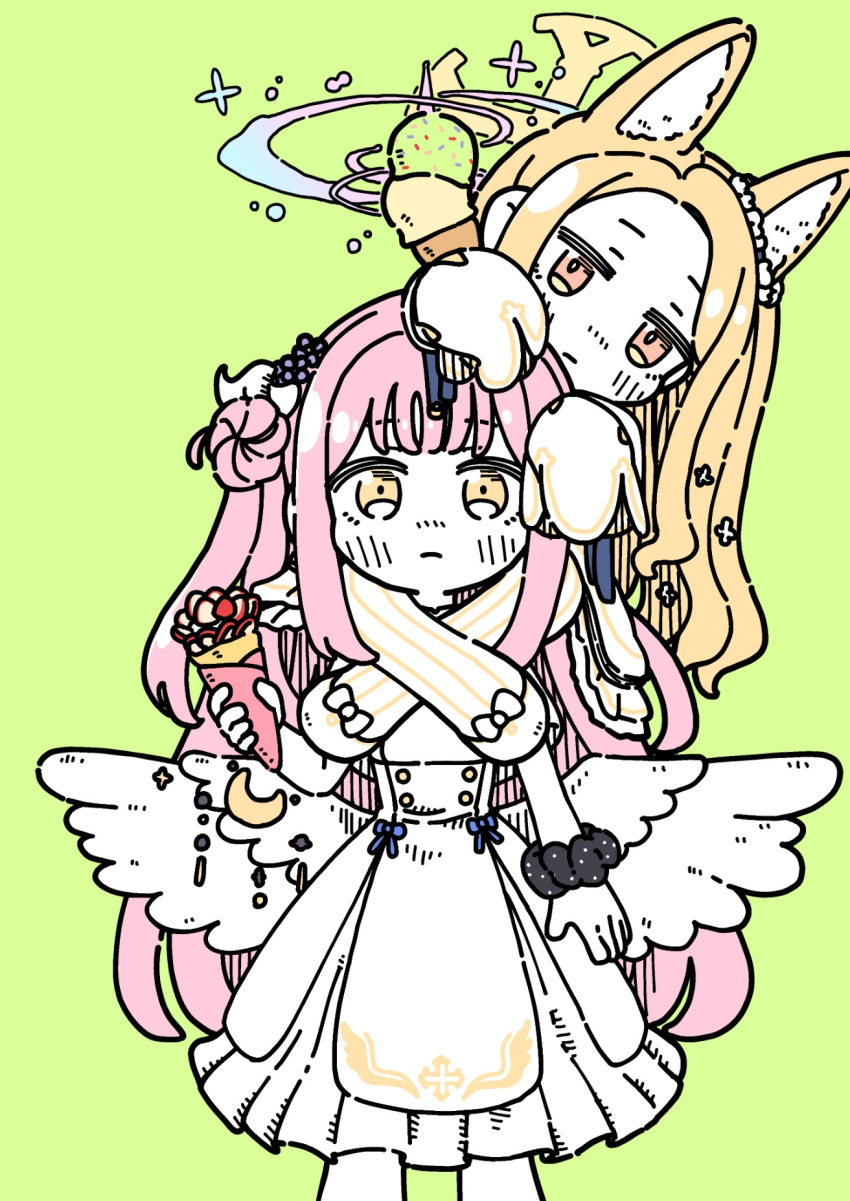 2girls angel_wings animal_ear_fluff animal_ears blue_archive blush closed_mouth crepe crescent crescent_pin dress extra_ears feather_hair_ornament feathers flower food fox_ears ganbarutoufu green_background hair_bun hair_flower hair_ornament halo highres holding holding_food ice_cream long_hair mika_(blue_archive) multiple_girls pink_hair pink_halo purple_flower seia_(blue_archive) simple_background single_side_bun sleeves_past_fingers sleeves_past_wrists white_dress white_wings wings yellow_eyes yellow_halo