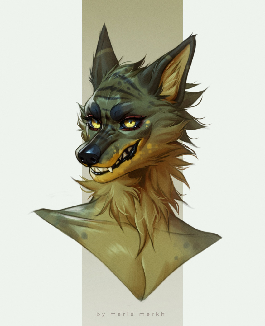 absurd_res ambiguous_gender anthro artist_name black_lips black_nose black_sclera bust_portrait canid cheek_tuft eyelashes facial_tuft fangs front_view fur green_body green_fur grin hi_res inner_ear_fluff lips looking_at_viewer mammal marie_merkh neck_tuft portrait pupils simple_background slit_pupils smile solo teeth tuft yellow_body yellow_eyes yellow_fur yellow_inner_ear yellow_inner_ear_fluff