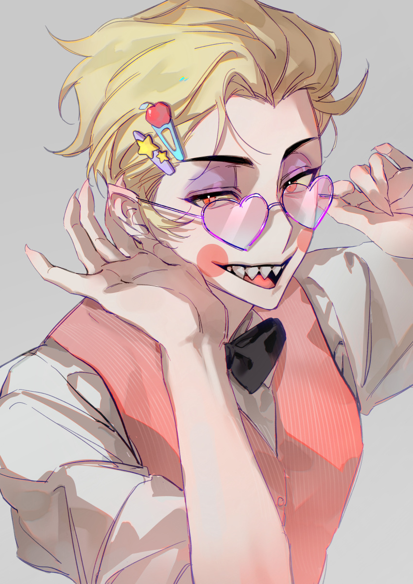 1boy absurdres blonde_hair demon_boy hair_ornament hair_slicked_back hairclip halou25698 hazbin_hotel heart heart-shaped_eyewear highres looking_at_viewer lucifer_morningstar_(hazbin_hotel) sharp_teeth solo teeth