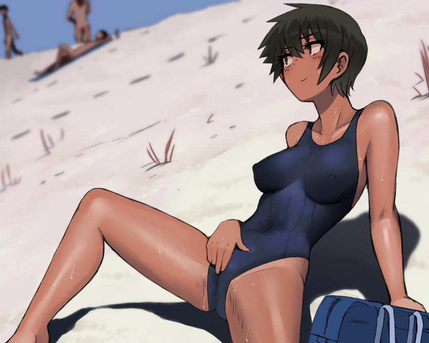 1girl 3others bag beach black_hair blush breasts closed_mouth commentary_request competition_swimsuit covered_nipples dark_skin handbag highres kuronami_(lvi) lvi medium_breasts multiple_others nude_beach one-piece_swimsuit original short_hair smile solo swimsuit tan wet