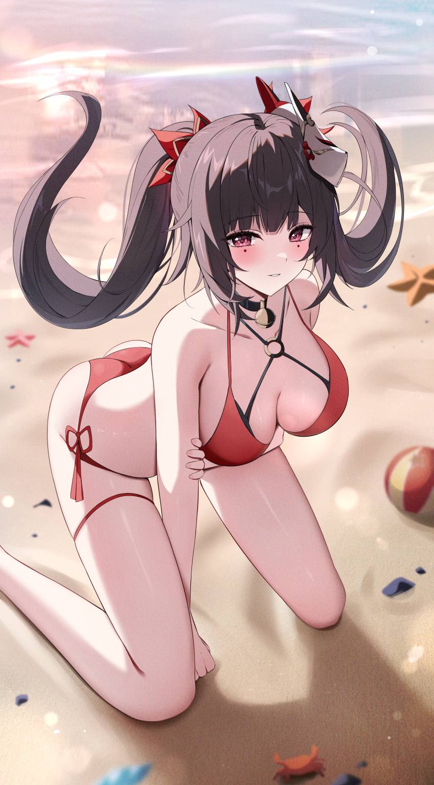 1girl absurdres alternate_costume ball beach beachball bell bikini bow breasts brown_hair cleavage commentary_request criss-cross_straps facial_mark full_body hair_between_eyes hair_bow hand_on_ground highres holding_own_arm honkai:_star_rail honkai_(series) kneeling large_breasts long_hair looking_at_viewer mask mask_on_head multiple_hair_bows neck_bell parted_lips red_bikini red_bow red_eyes sand side-tie_bikini_bottom solo sparkle_(honkai:_star_rail) swimsuit twintails yeni1871