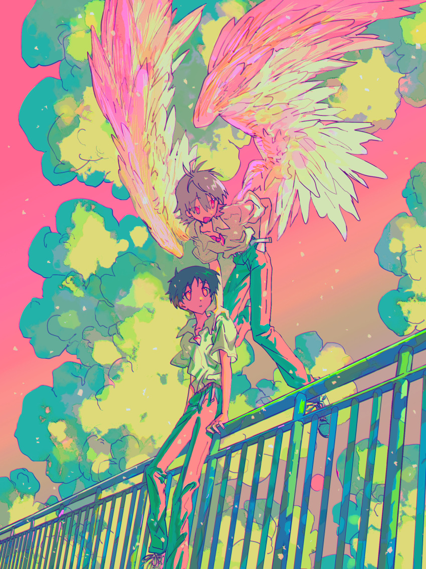 2boys absurdres angel_wings belt black_hair brown_belt brown_pants cloud collared_shirt colorful denim feathered_wings fishcoooo flying foot_out_of_frame full_body gradient_sky grey_hair hair_between_eyes hand_on_another's_shoulder hand_on_own_hip hand_on_railing highres ikari_shinji jeans light_particles looking_at_viewer male_focus multiple_boys nagisa_kaworu neon_genesis_evangelion open_mouth pants parted_lips pink_sky pocket red_eyes red_tank_top shirt shoes short_hair short_sleeves sky smile sneakers standing sunset tank_top white_belt white_footwear white_shirt white_sleeves white_wings wings yellow_eyes