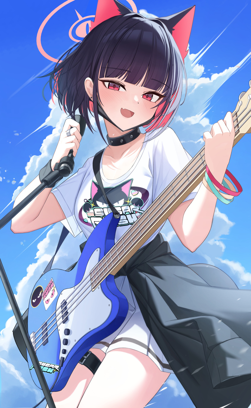 1girl absurdres animal_ears black_choker black_hair black_jacket blue_archive blue_sky cat_ears choker clothes_around_waist cloud colored_inner_hair fang guitar halo highres holding holding_guitar holding_instrument holding_microphone instrument jacket jacket_around_waist jewelry kazusa_(band)_(blue_archive) kazusa_(blue_archive) looking_at_viewer microphone multicolored_hair official_alternate_costume open_mouth pang-yo pink_hair pink_halo red_eyes ring shirt short_hair skin_fang skirt sky smile solo spiked_choker spikes thigh_strap white_shirt white_skirt