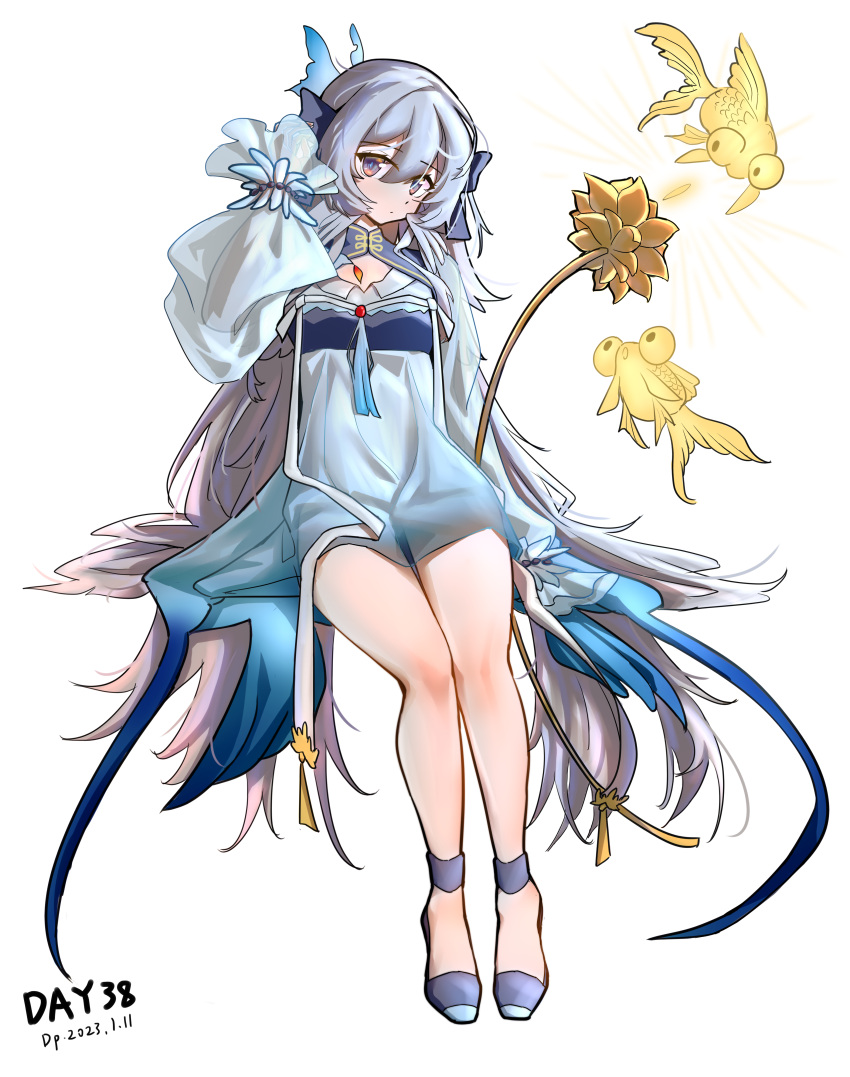 1girl absurdres arknights blue_dress blue_eyes blue_footwear blue_petals blue_ribbon commentary_request dated dress fish gaoling_gangqin goldfish gradient_dress grey_hair hair_petal highres long_hair long_sleeves looking_at_viewer mulberry_(arknights) mulberry_(reflection_that_of_the_moons)_(arknights) official_alternate_costume ribbon see-through see-through_sleeves simple_background sleeves_past_fingers sleeves_past_wrists solo very_long_hair very_long_sleeves white_background